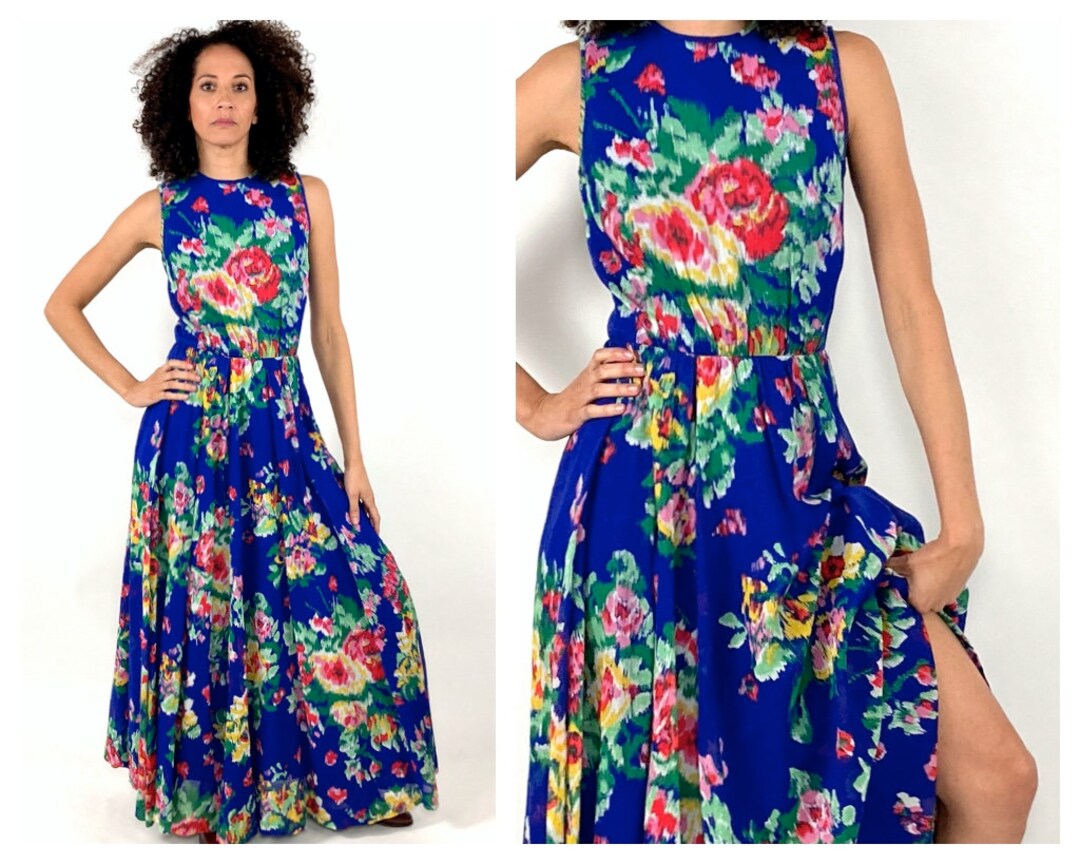 70s Lanz Navy Blue Floral Maxi Dress Red Cottagecore Tea Party Full ...