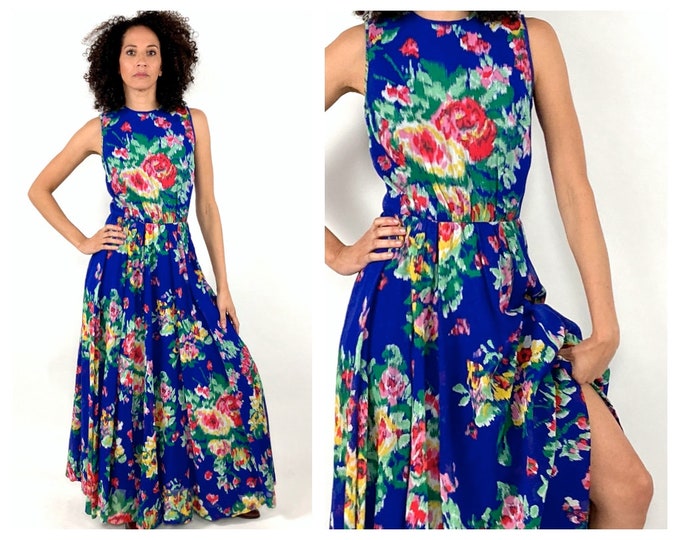 70s Lanz Navy Blue Floral Maxi Dress Red Cottagecore Tea Party Full Skirt Sundress Prairie Boho Hippie Vintage Sun Dress Xs S