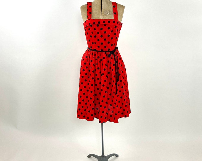 70s Lanz Red Polka Dot Dress Full Skirt Black Midi Sundress Garden Party Dress Open Back Criss Cross Party Vintage Sun Dress Xs S