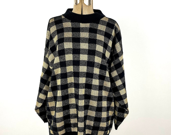 80s Black Gold Checkered Metallic Glam Oversized Vintage Dress Top Sweater