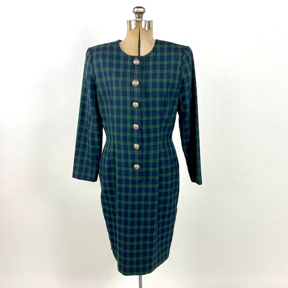 Vintage 90s Navy Blue Plaid Dress Green Plaid She… - image 3