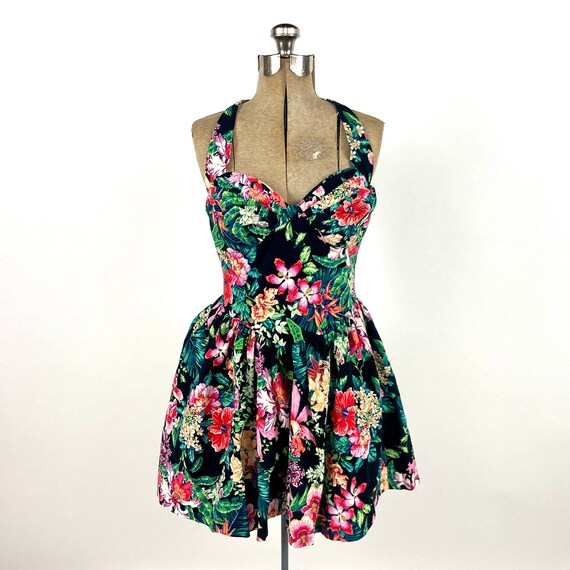 80s Pin Up Black Floral Cotton Mini Dress Sweetheart … Gem