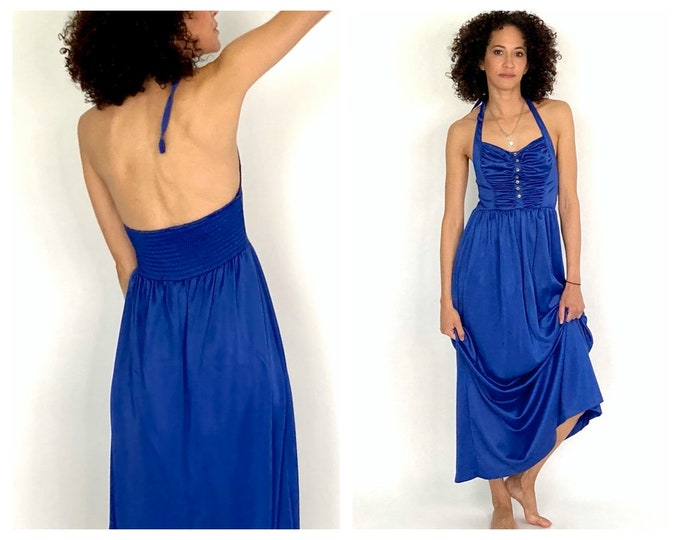 70s Blue Long Halter Grecian Dress Ruched Empire Goddess Ethereal Maxi Dress Smocked Sweetheart Draped Party Vintage Sundress XS S