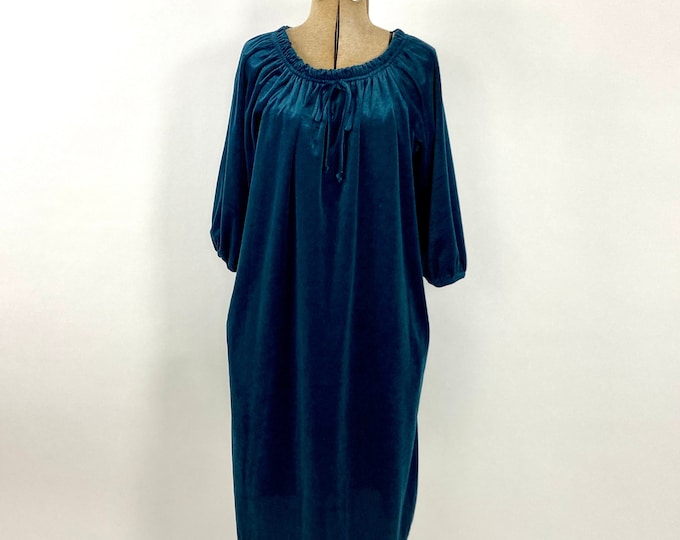 80s Blue Velvet Kaftan House Dress Green Robe Dressing Gown Velour Boho Hippie Party Nightgown Mumu Vintage Housecoat Sun Dress S M L