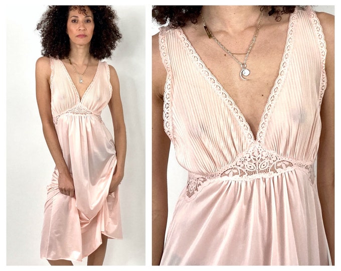 70s Pink Plunging Deep V Neck Lace Slip Dress Sexy Empire Maxi Slip Grecian Goddess Gown Dress Nightgown Party Vintage Sundress Sun Dress