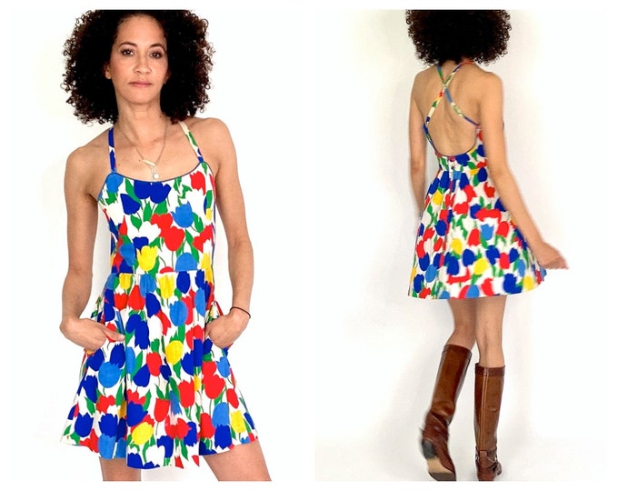 70s Lanz Tulip Dress Full Skirt Multi Midi SATC Carrie Sundress Garden Party Dress Open Back Criss Cross Party Vintage Sun Dress XS/S