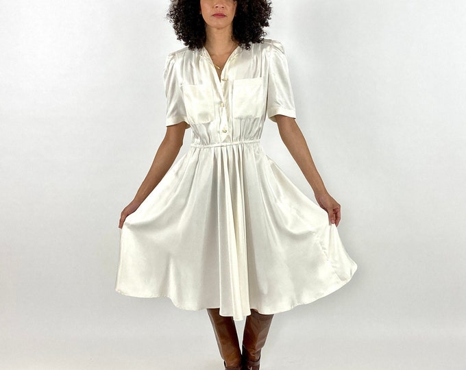 80s White Day Dress Cream Semi Sheer Button Bodice Pocket Dress Party Shirtdress Leslie Faye Vintage Dress S M