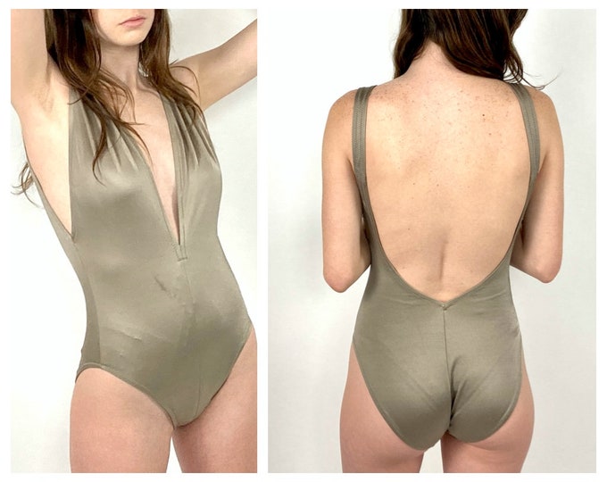 70s Plunging Metallic DeWeese Bathing Suit Pin Up Deep V Swimsuit Ruched Open Back One Piece Sexy Vintage Dress Bodysuit Party XS S