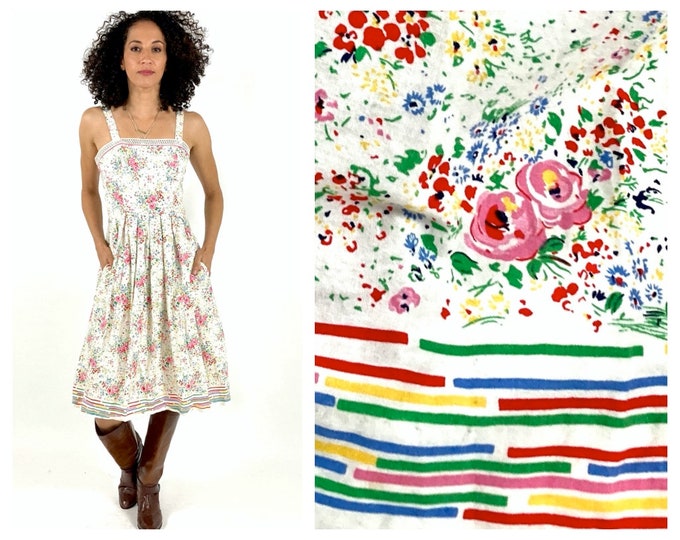 70s Lanz Rainbow Midi Sundress White Floral Striped Dress Cottagecore Lace Party Dress Open Back Pleated Boho Hippie Vintage Sun Dress XS S