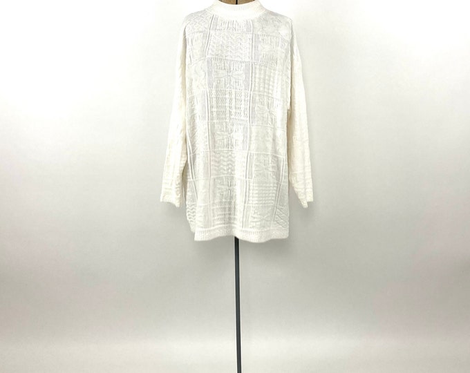 80s White Checked Knit Oversized Sweater Snowflake Novelty Print Boho Vintage Knit Sweater Dress Top S M L