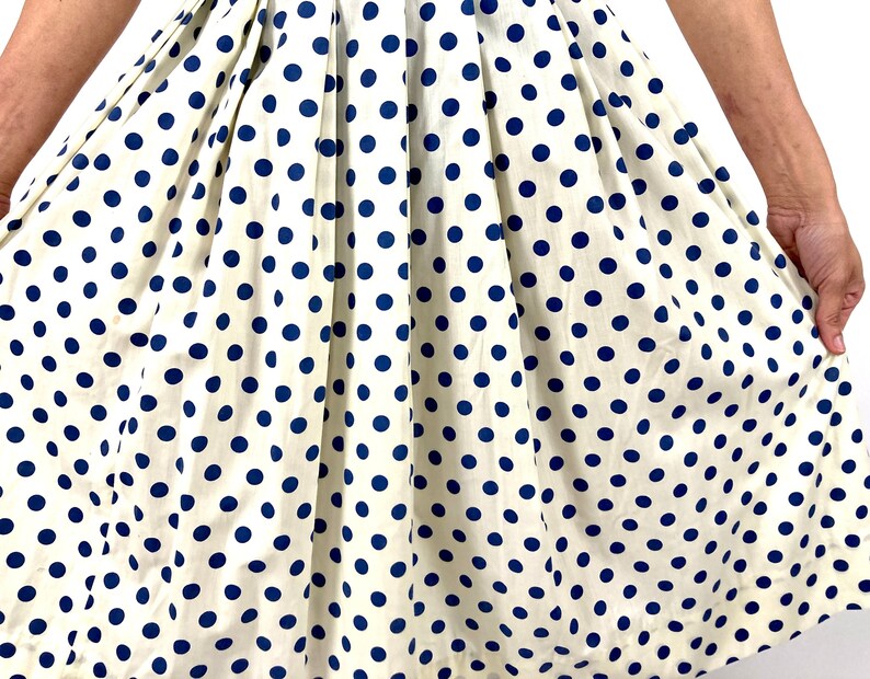 50s Cream Blue Polka Dot Full Skirt White Pleated Cotton Sheer Rockabilly Dress Skirt High Waist Vintage Preppy Skirt XS S image 7