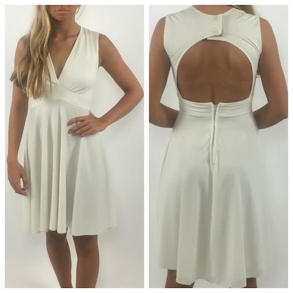 70s White Cut Out Open Back Mini Dress Deep V Emp… - image 1