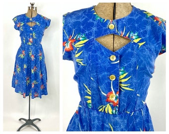 80s Tropical Cotton Dress Keyhole V Neck Button Down Dress Floral Print Party Midi Dress Vintage Blue Sundress S M