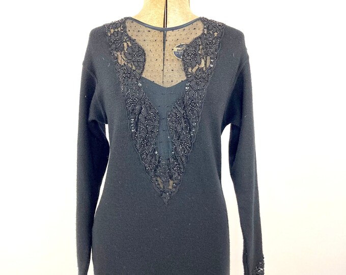 80s Black Plunging V Long Sleeve Sweater Dress Beaded Sequin Mesh Mini Dress Bodycon Bandage Party Vintage Dress S M