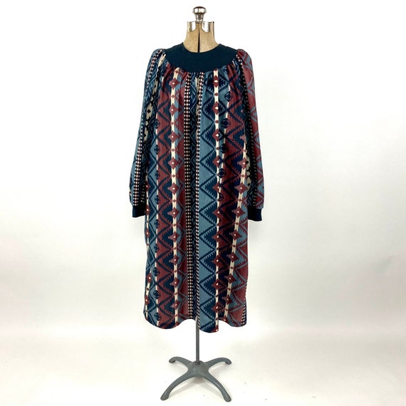 80s Gray Blue Southwestern House Dress Tribal Pri… - image 2