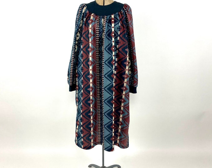 80s Gray Blue Southwestern House Dress Tribal Print Tent Dress Boho Hippie Party Vintage House Coat Nightgown S M L