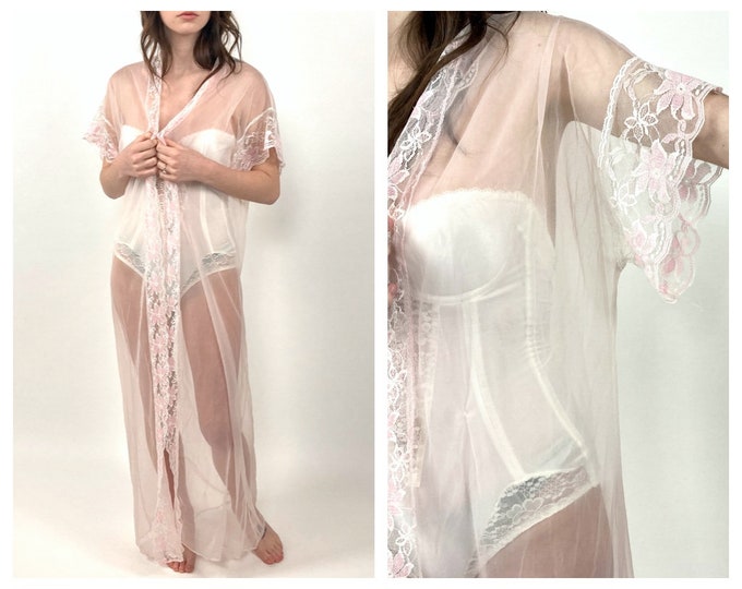 80s White Sheer Lace Robe Sexy Maxi Pink Slip Grecian Goddess Gown Dress Nightgown Party Vintage Lingerie Boudoir Robe