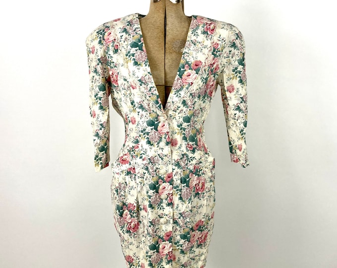80s Cream Floral Plunging Button Down Dress Pink Deep V Midi Dress Deep V Long Sleeve Sheath Vintage Dress Xs S