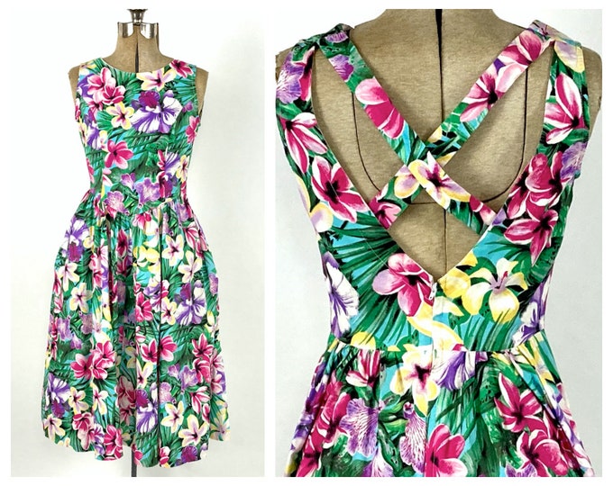 70s Lanz Green Tropical Floral Cotton Dress Open Back Criss Cross Dress Bright Vintage Boho Party Sundress XS S