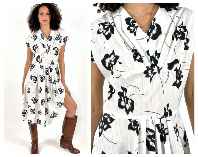 80s White Floral Empire Sleeveless Dress Black Ruched Dress V Neck Party Vintage Cocktail Dress S M