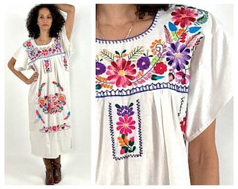 70s White Oaxacan Embroidered Maxi Dress Mexican Wedding Boho Hippie Party Vintage Red Floral Sundress Sun Dress S M