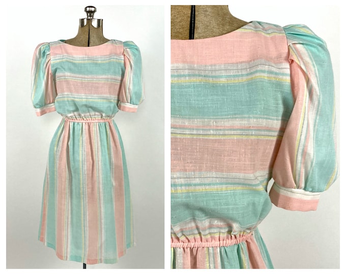 80s Pink Pastel Striped Cotton Dress Puff Sleeve Dress Sheer Boho Hippie Party Vintage Sundress Sun Dress Xs S