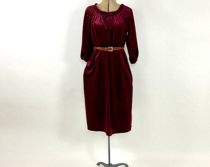 80s Burgundy Velvet Kaftan House Dress Red Robe Dressing Gown Velour Boho Hippie Party Nightgown Mumu Vintage Housecoat Sun Dress S M L