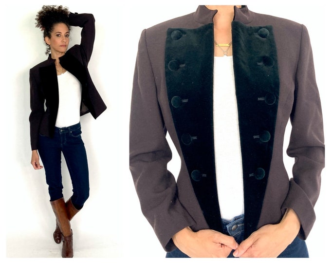 80s Brown Christian Dior Blazer Black Velvet Tuxedo Band Jacket Fitted Minimalist Tux Top Blazer Vintage XS S