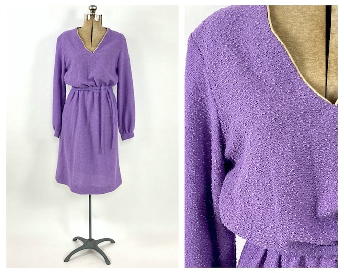 70s Purple Long Sleeve Dress V Neck Nubby Knit Dress Blouson Secretary Midi Dress Hippie Party Vintage Dress S M