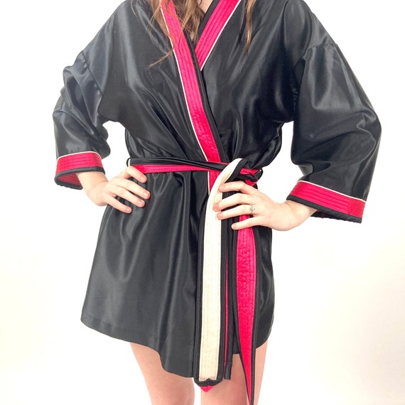 70s Black Mini Boudoir Robe Red Striped Smoking P… - image 3