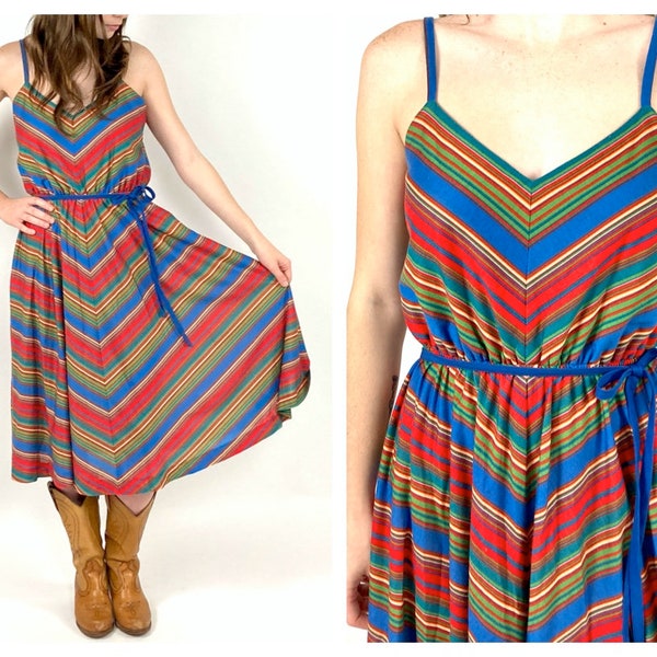 70s Lanz Rainbow Chevron Dress Sleeveless VNeck Striped Boho Hippie Party Sundress Vintage Sun Dress Xs S M