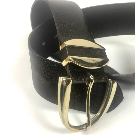 80s Wide Leather Belt Gold Big Buckle Belt Distre… - image 6