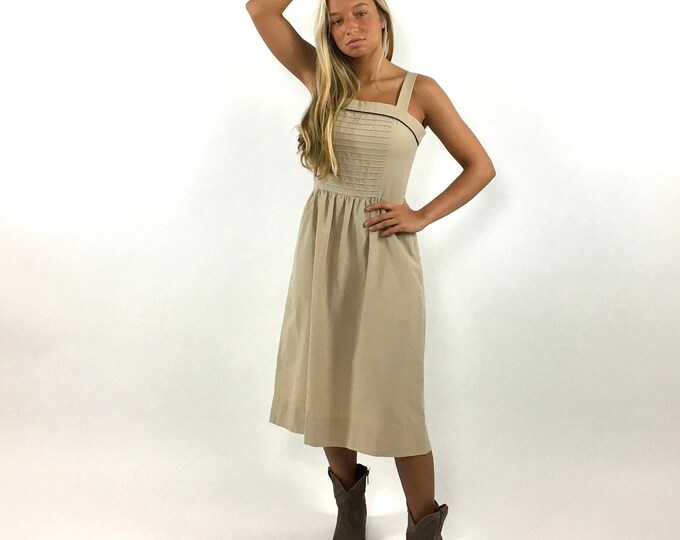 70s Lanz Khaki Pintuck Dress Full Skirt Tan Midi Pockets Sundress Party Vintage Sun Dress Xs S