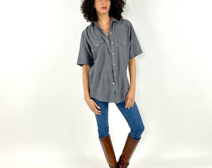 70s Gray Western Snap Shirt Oversized Plains Checked Button Down Dress Shirt Vintage Blouse Cowboy Button Up Top