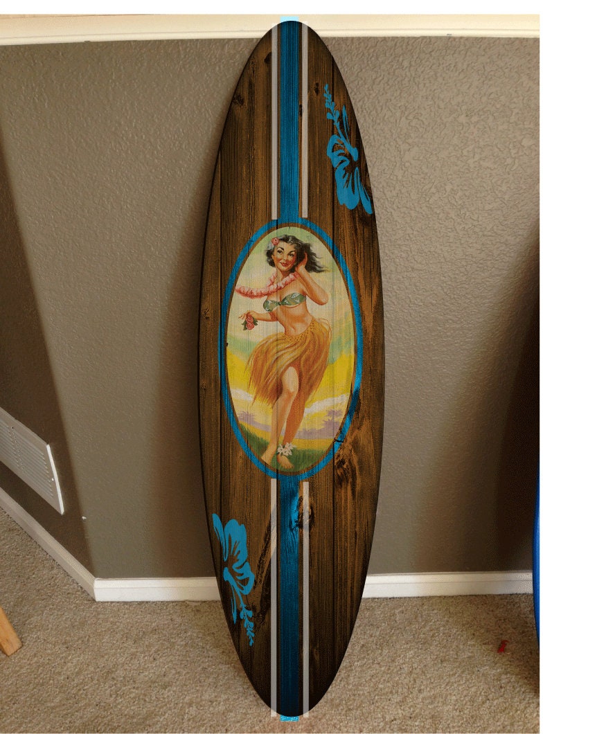 Hula Girl Surfboard Wall Art: Brown Wood Decor (60