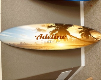 カスタムサーフボードウォールデコレーション：ハワイアンビーチアート、パーソナライズされた名前