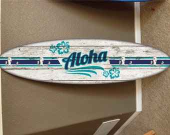 Epoxy Surfboard Towel Rack: Hawaiian Beach Decor with 6 Hooks