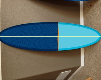 May include: A blue and turquoise surfboard with a geometric pattern on one side. The surfboard has a yellow stripe down the centre.