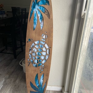 Hawaiian style surfboards / Sea turtle wall hanging / hibiscus flower decor / pineapple decor / beach decor / surfboard hanging / ocean