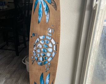 Custom Hawaiian Surfboard Wall Decor: Sea Turtle & Hibiscus