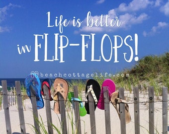 Day at the Beach -Seaside Serendipity, Flip Flops Lining the Dune Fence on the way to the Ocean Wall Art Photography Bright Colorful)