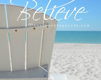 Simply Beachy / White Sand Blue Water Adirondack Beach Chair... Coastal Living at it's Best- Cottage or Beach House Wall Art Photography