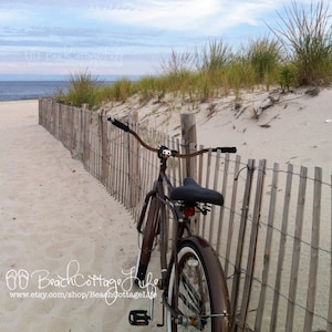 Brown Beach Bicycle Seaside Beach Cruiser 'Simply GRATEFUL' Parked Along the Dune Fence Cottage Chic Wall Art Photography OCEAN image 1