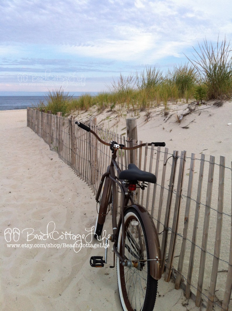 Brown Beach Bicycle Seaside Beach Cruiser 'Simply GRATEFUL' Parked Along the Dune Fence Cottage Chic Wall Art Photography OCEAN image 1