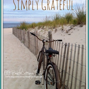 Brown Beach Bicycle Seaside Beach Cruiser 'Simply GRATEFUL' Parked Along the Dune Fence Cottage Chic Wall Art Photography OCEAN image 2