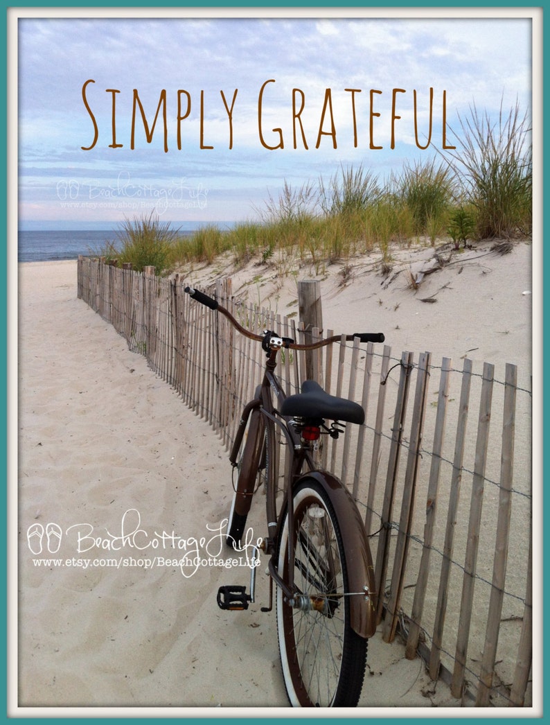 Brown Beach Bicycle Seaside Beach Cruiser 'Simply GRATEFUL' Parked Along the Dune Fence Cottage Chic Wall Art Photography OCEAN image 2