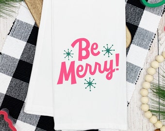 Be Merry Tea Towel,  Retro Christmas Decor, Retro Holiday, Christmas Kitchen Decor, Pastel Holiday, Pink Christmas, Disco Christmas