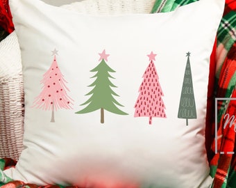 Pastel Christmas Trees Pillow, Holiday Throw Pillow, Pink Christmas, Pastel Christmas, Whimsical Pink Christmas, Cottagecore, Christmas Tree