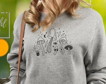 Boho Mushrooms Unisex Crewneck Sweatshirt, Mushroom Sweater, Cottage Core, Celestial Sweatshirt, Minimalist Shirt, Black and White Mushrooms