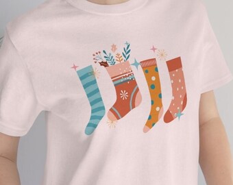 Retro Christmas Stockings T-shirt, Retro Holiday Shirt, Ugly Sweater, Pastel Christmas Shirt, Vintage Style Christmas Shirt, Christmas Shirt